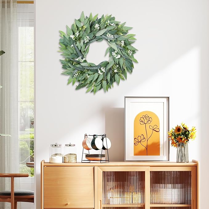 24" Wreaths Front Door Artificial Spring Wreath - Artificial Floral Lush Summer Wreath with A Hook & DIY Decor Green Year-Round Indoor Outdoor for Wall, Home, Wedding, Party, Christmas (Green)