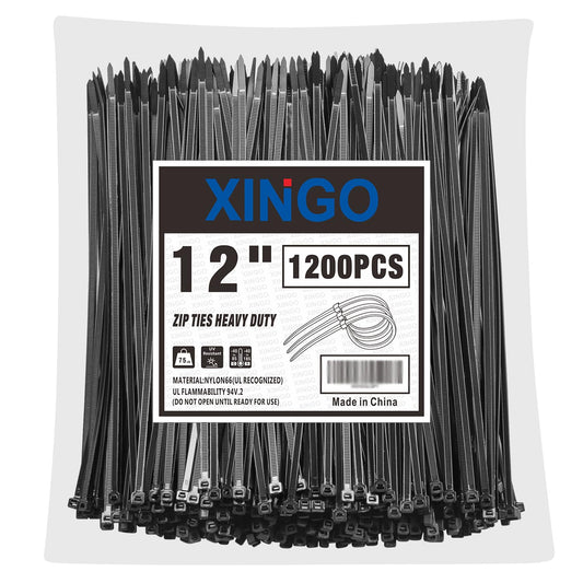 XINGO 12 Inch Black Zip Ties 1200 PCS, 75 LBS Tensile Strength, UV Resistant Cable Ties, Premium Self-locking Plastic Ties for Indoor and Outdoor Use