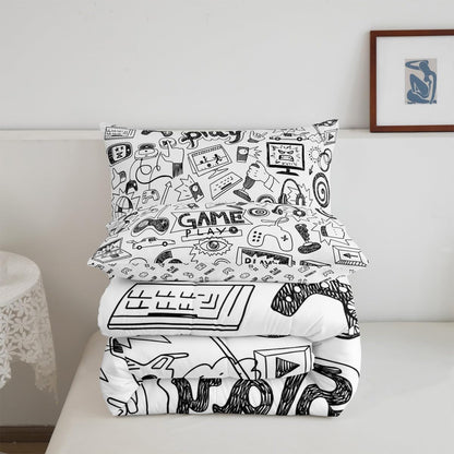 Erosebridal Gaming Comforter Set, Kids Gamepad Cartoon Bedding Set Video Games Gamers Duvet Set Queen Hip Hop Graffiti Quilt Set Racing Car Comforter Set, Black White Printed Bedroom Decor