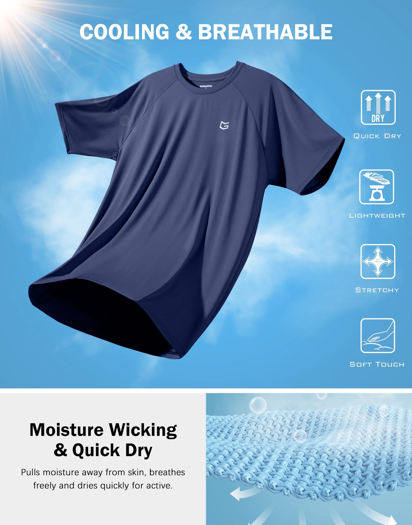 G Gradual Men's Athletic Workout T-Shirts Moisture Wicking Cooling Running Shirts Short Sleeve Performance Tee for Gym Tennis(Dark Blue,3XL)