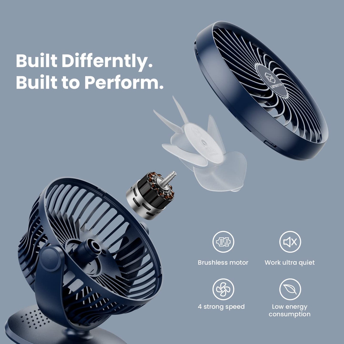 AA Battery Operated & USB Powered Clip on Fan, 4 Speeds, Unique Aroma Design, 5 Inch Cordless Personal Fan for Stroller, Camping, Home, Bedroom, Golf Car Outdoor-Blue(3*AA Batteries Included)