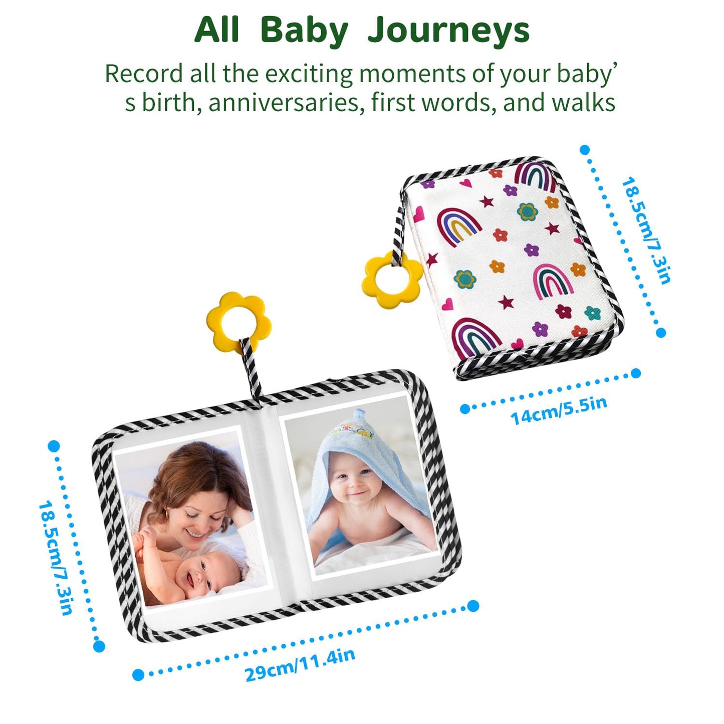 BOHEMIABY Baby Photo Album, My First Family Photo Album for Baby Holds 17 4 x 6" Pictures, Rainbow Toddler Photo Album with Safety Mirror, Soft Baby Books