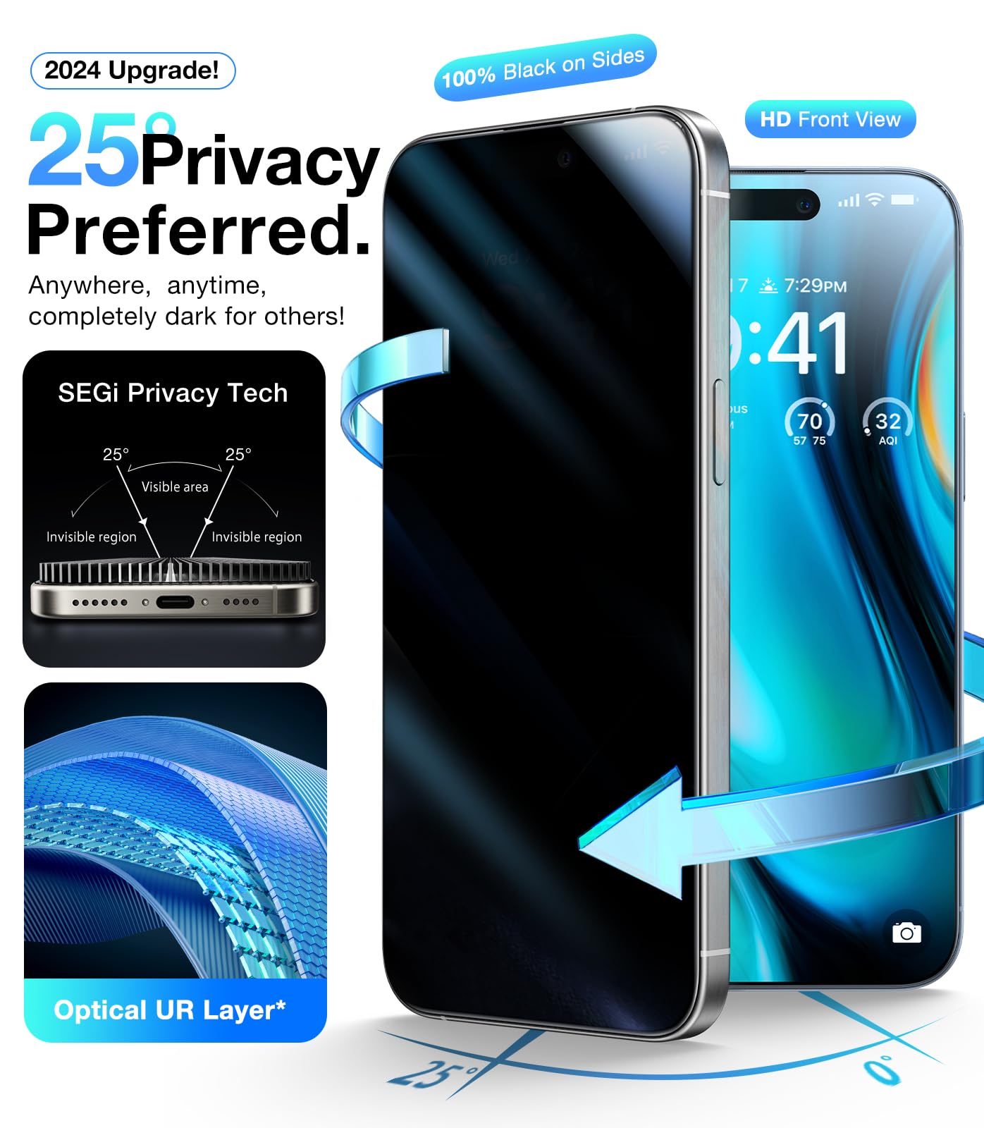 UltraGlass 9H+ Glass for iPhone 15 Pro Max Privacy Screen Protector [Invisible Privacy Armor] Screen Protector 15 Pro Max Tempered [Full Coverage & Longest Durable] 15 ProMax, 2 Pack