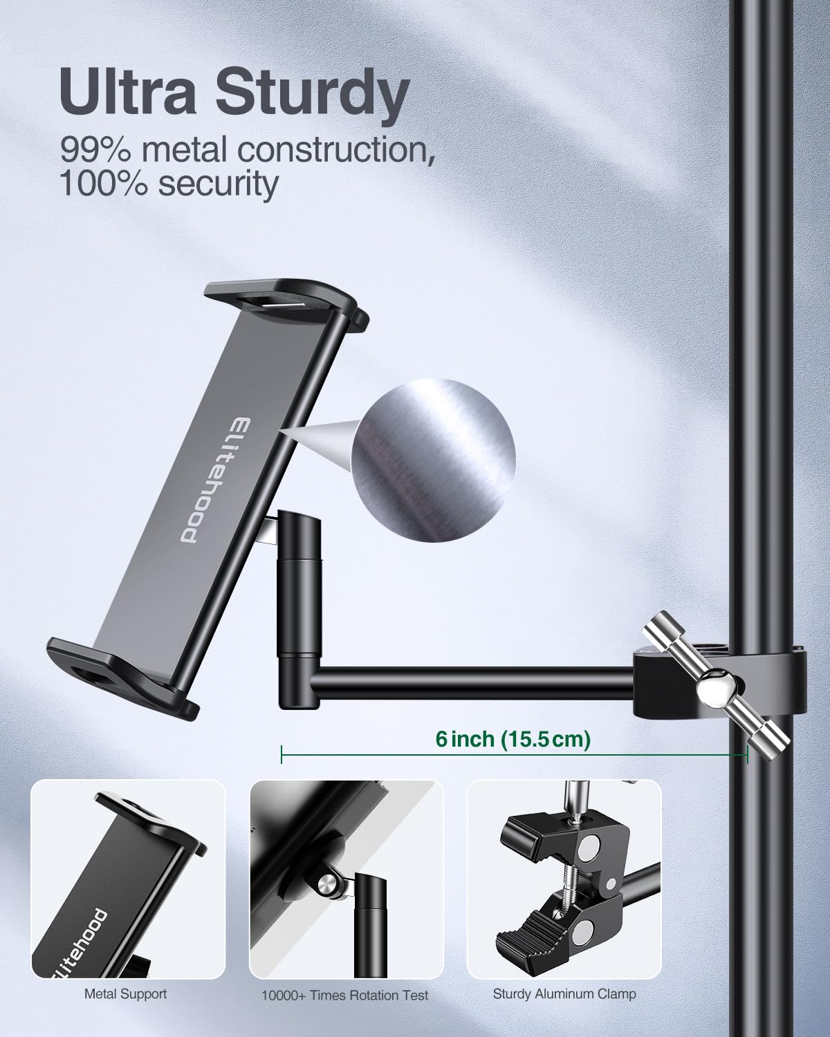 elitehood Aluminum iPad Holder for Mic Stand, Side Mount iPad Music Stand Holder for Microphone, 360° Swivel Tilt Adjustable Mic Tablet Mount for 4-13in iPhone, Cell Phones and Tablets