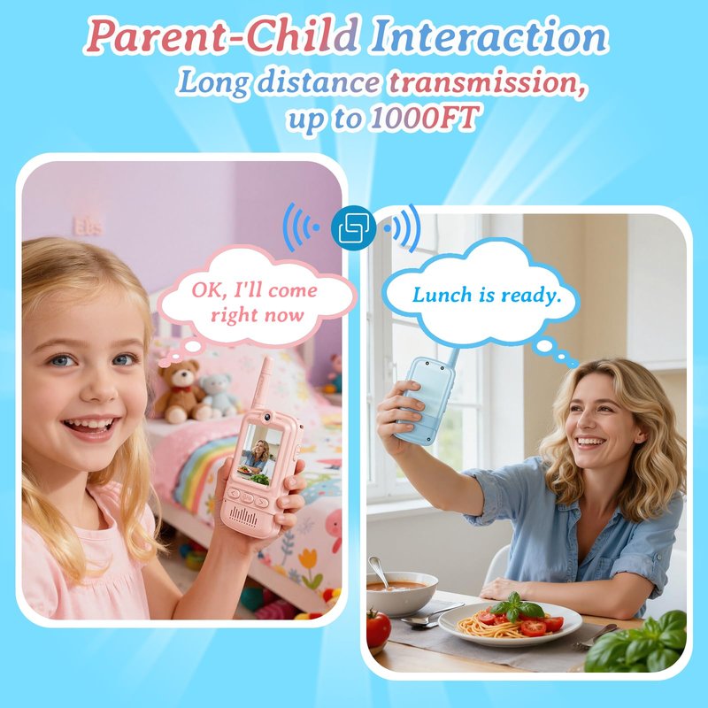 Video Walkie Talkies for Kids Rechargeable Walkie Talkies Long Range with Emoji Chat and Photo Functions Multifunctional Indoor Outdoor Toys for Kids Christmas Birthday Gifts (Pink&Blue)