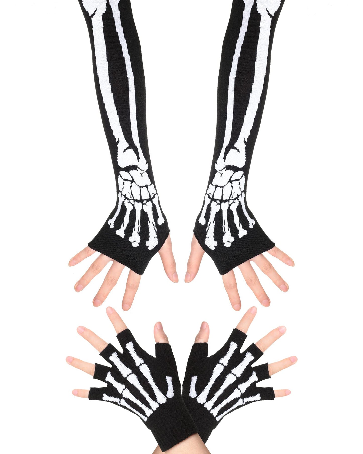 Zhanmai 2 Pairs Halloween Skeleton Gloves Elastic Knitted Fingerless Hand Warmer Unisex Warm Half Finger Gloves for Men and Women