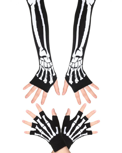 Zhanmai 2 Pairs Halloween Skeleton Gloves Elastic Knitted Fingerless Hand Warmer Unisex Warm Half Finger Gloves for Men and Women