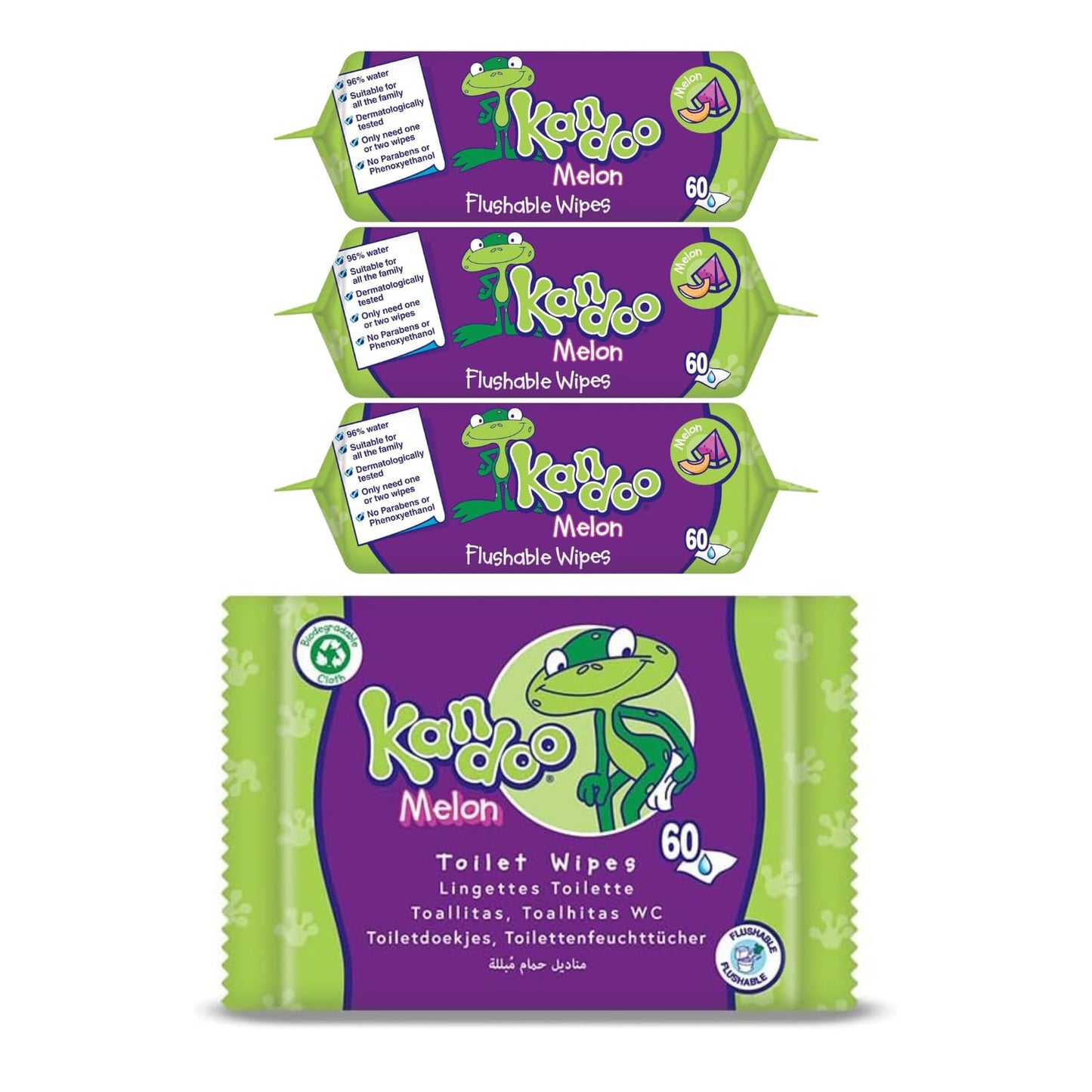 Kandoo Melon Flushable Moist Toilet Wipes, 4 x 60 Wipes (Total 240 ), Biodegradable and Plastic Free, Wet Toilet Tissues for Toddlers, Melon Scented, Multipack