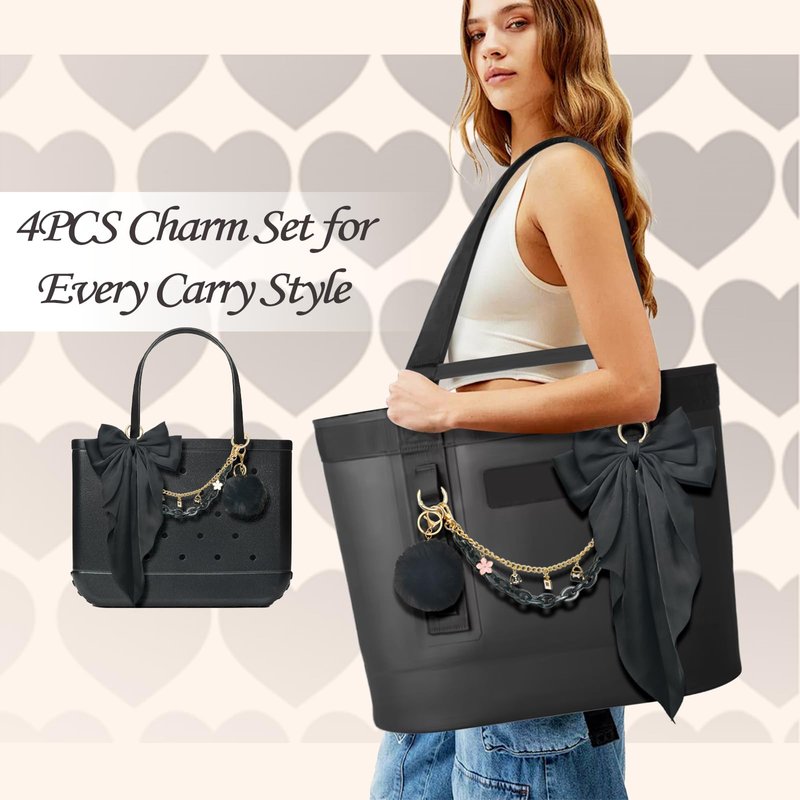 Kaitiaki 4PCS Tote Bag Decor Kit, Decorative Bow & Pom Pom Accessories, Compatible with YETI Camino 20/35/50 Carryall, Bogg Beach Tote Bags (Black)