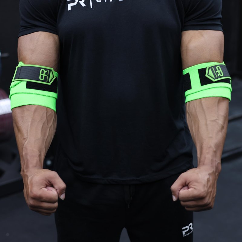 PR Personal Record Elbow Wraps for Weightlifting - Heavy Duty Construction, 25% More Elasticity, Reinforced Stitching, Extra Wide Fastener, Easy to Adjust, (Neon)