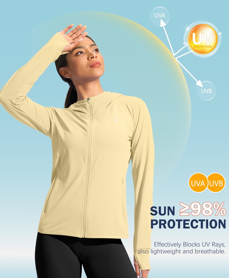 Soothfeel Women's UPF 50+ Sun Protection Hoodie Jacket Lightweight Long Sleeve Sun Shirt for Women with Pocket Hiking Outdoor Light Yellow 3XL