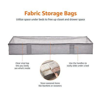 Amazon Basics Under Bed Fabric Zipper Blanket Storage Container Bags with Window and Handles, 2-Pack, 18 x 42 x 6 inches, Gray