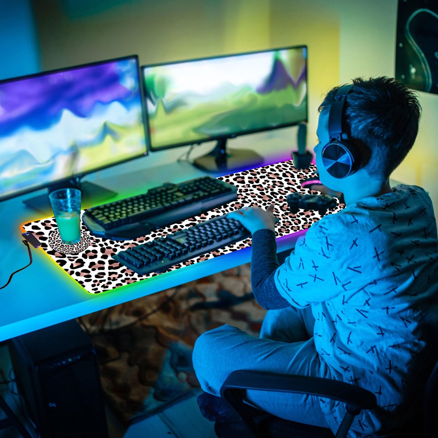 CICPLKSE Customized RGB Gaming Mouse Pad and Coffee Coaster,Large Glowing Led Anti-Slip Rubber Base Computer Keyboard Desk Mouse Mat 31.4x11.8 Inch,Leopard Print
