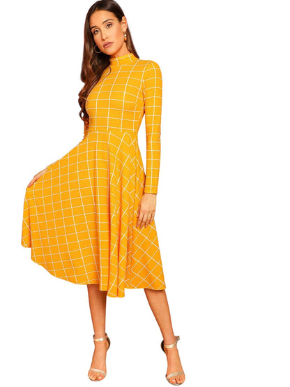 Floerns Women's Fit and Flare Plaid High Neck Long Sleeve Midi Dress Yellow Plaid L