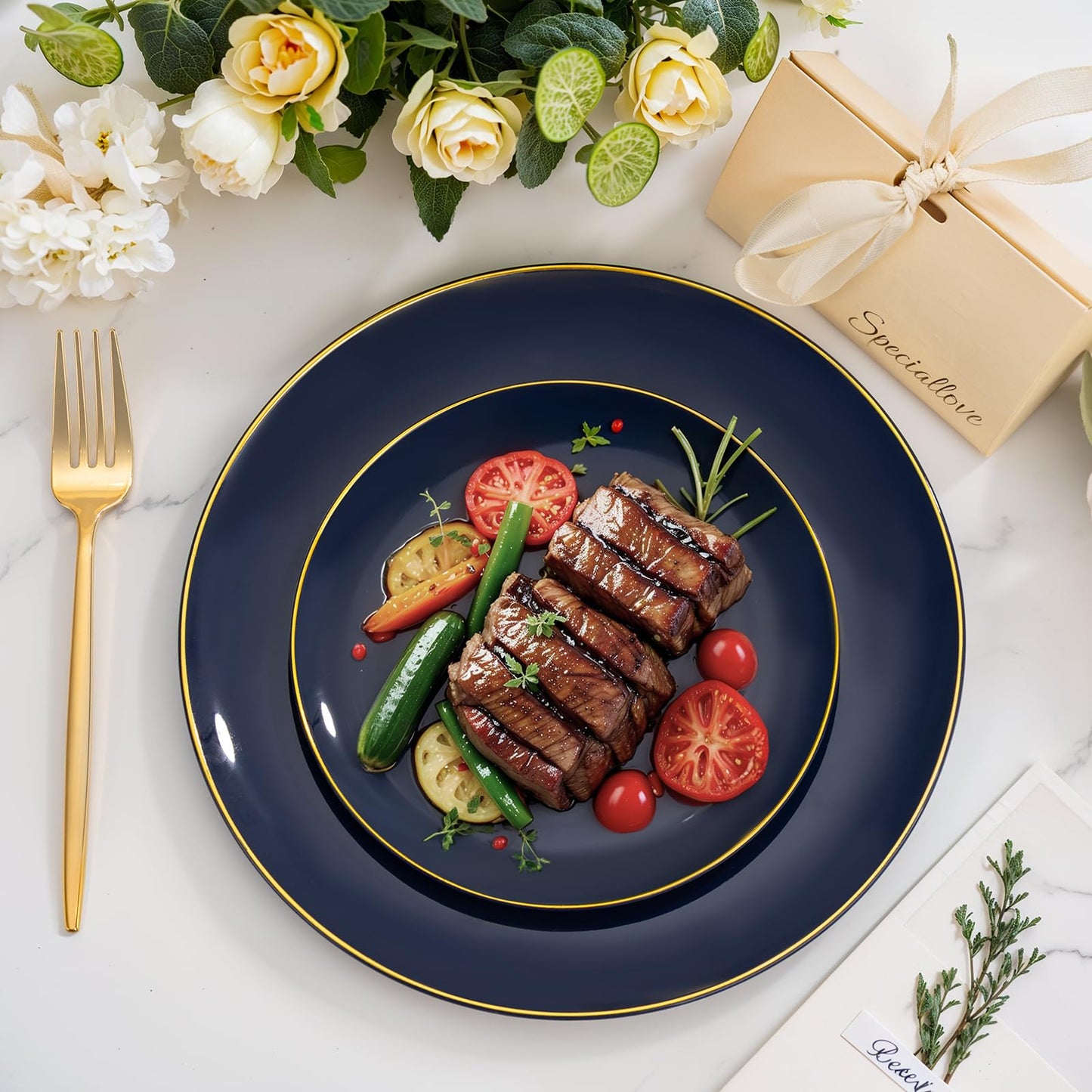 bUCLA 150PCS Blue and Gold Plastic Plates - 25 Guests Navy Blue Plastic Dinnerware Disposable for Party - Include 25 Dinner/Dessert Plates, 25 Knives, 25 Forks, 25 Spoons, 25 Cups