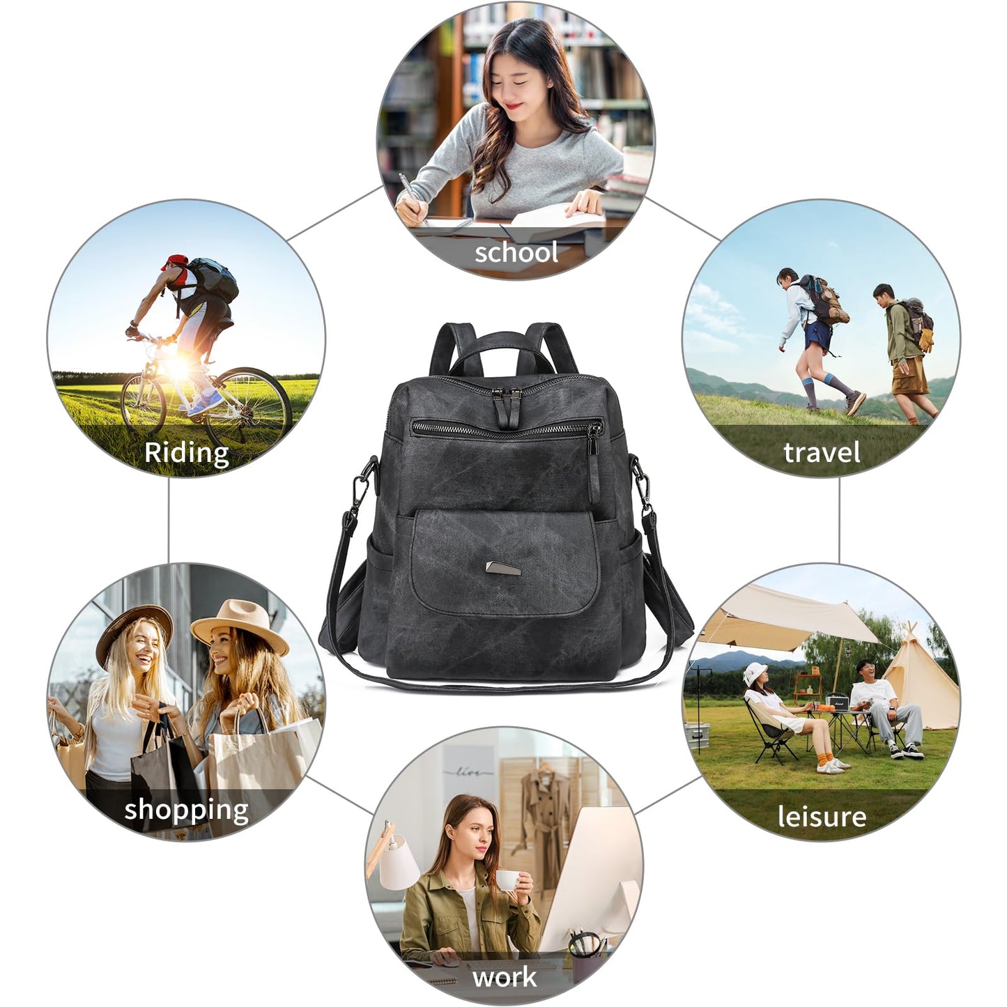 Puwuzixi Women Backpack Waterproof Anti-Theft Lightweight PU Fashion Travel Multipurpose Convertible Purse Shoulder Bag Handbag Backpack Black
