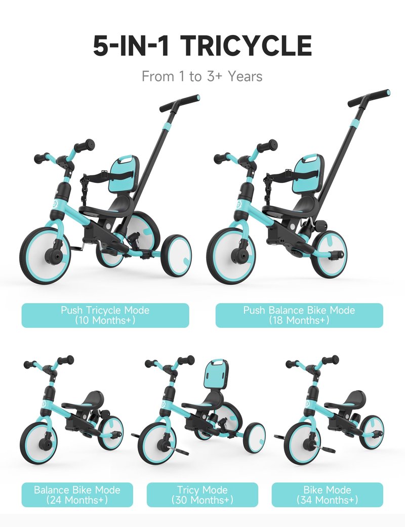 besrey 5-in-1 Toddler Tricycle with Push Handle, Grow with Me Kids Trike for 1-3 Years, Balance Bike & Tricycle, Adjustable Parent Steering, Safety Seat with Backrest