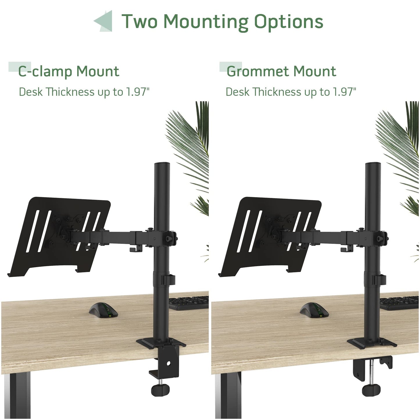 Laptop Desk Mount, Single Laptop Stand Arm with Vented Tray for 17 inch Notebook or 14”-32” Monitor, Holds up to 17.6 lbs, Fully Adjustable, Clamp/Grommet Mounting, VESA 75/100mm