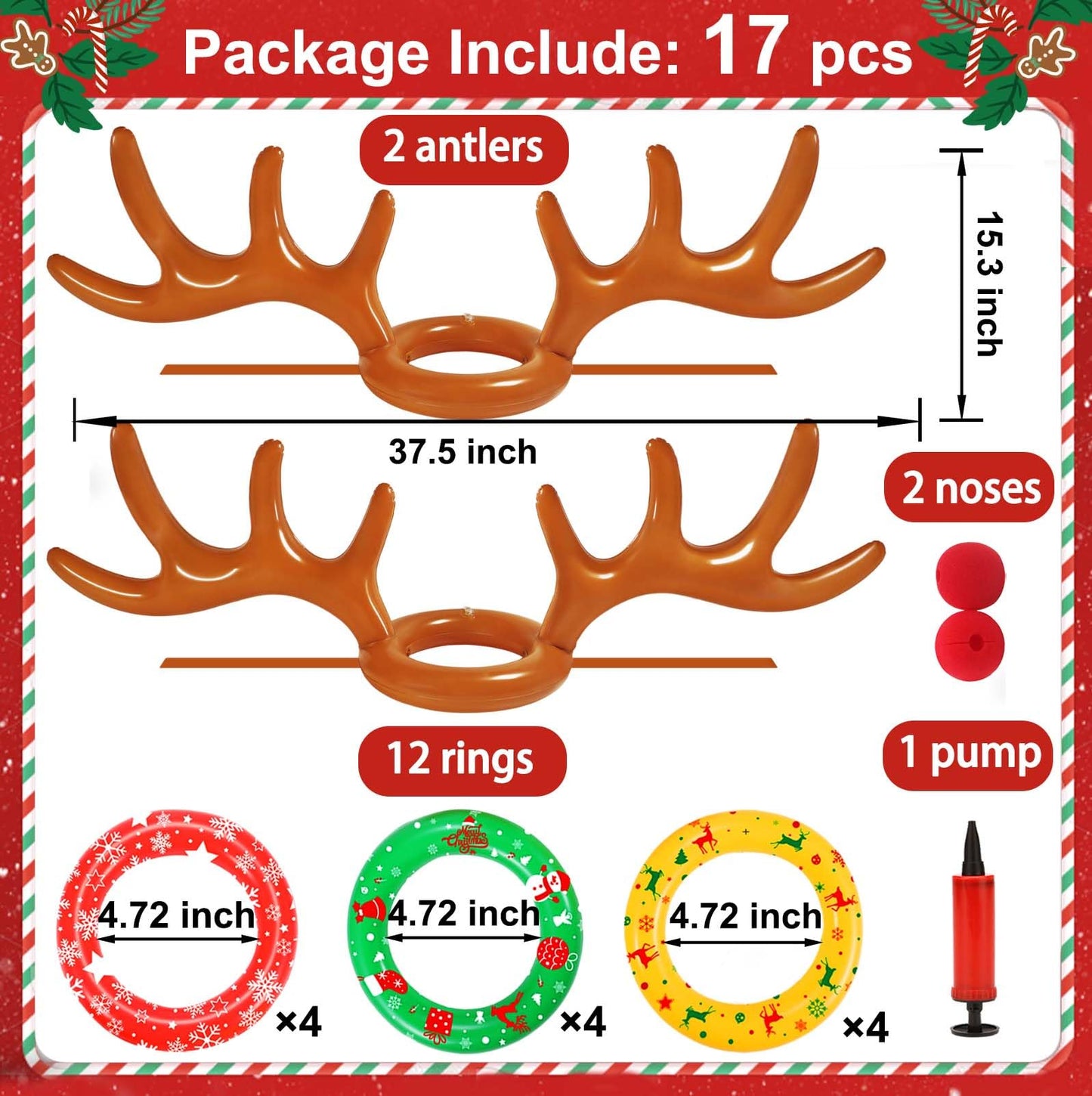 Christmas Inflatable Reindeer Antler Ring Toss Game 2 Sets, 2024 Christmas Games Party Supplies for Family Party (2 Antlers 12 Rings)