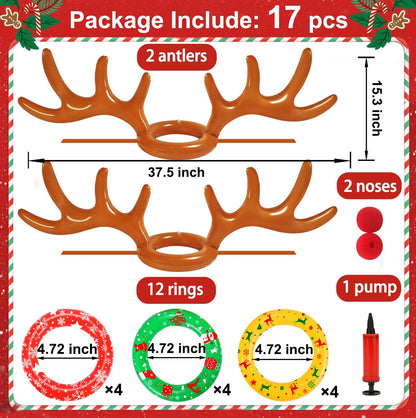 Christmas Inflatable Reindeer Antler Ring Toss Game 2 Sets, 2024 Christmas Games Party Supplies for Family Party (2 Antlers 12 Rings)