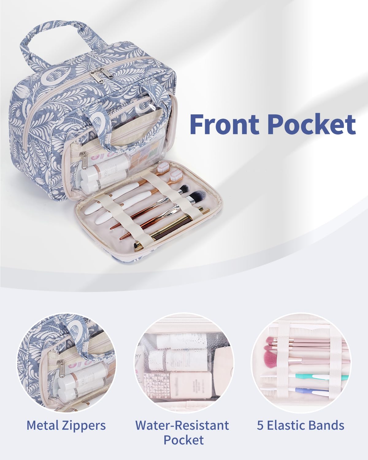 Narwey Full Size Toiletry Bag Large Wash Bag Makeup Bag Travel Organizer Cosmetic Bag for Women (Blue Leaf)