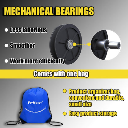 FITHOIST Block and Tackle 4400LBS Breaking Strength Heavy Duty Pulley, 65 Ft Rope Pulley, 7:1 Lifting Power Pulley System, Pulley Hoist with 2 Pcs 8 Ft Lift Sling