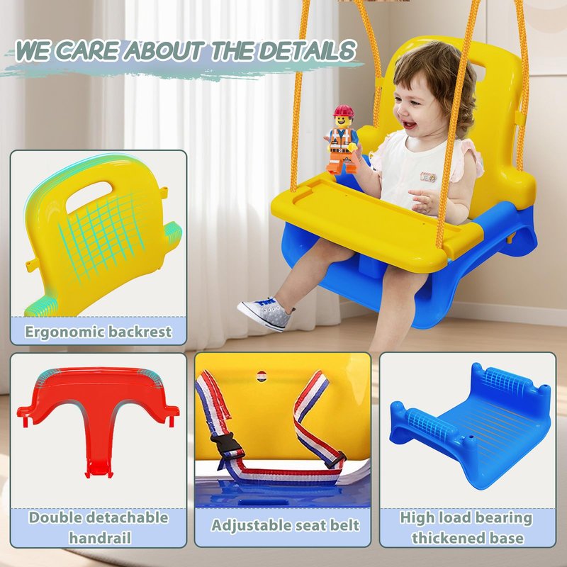 Upgraded Toddler Swing with Tray, Baby Swing Outdoor with Detachable Design, Safety Belt, Foldable Frame for Outdoor & Indoor Use