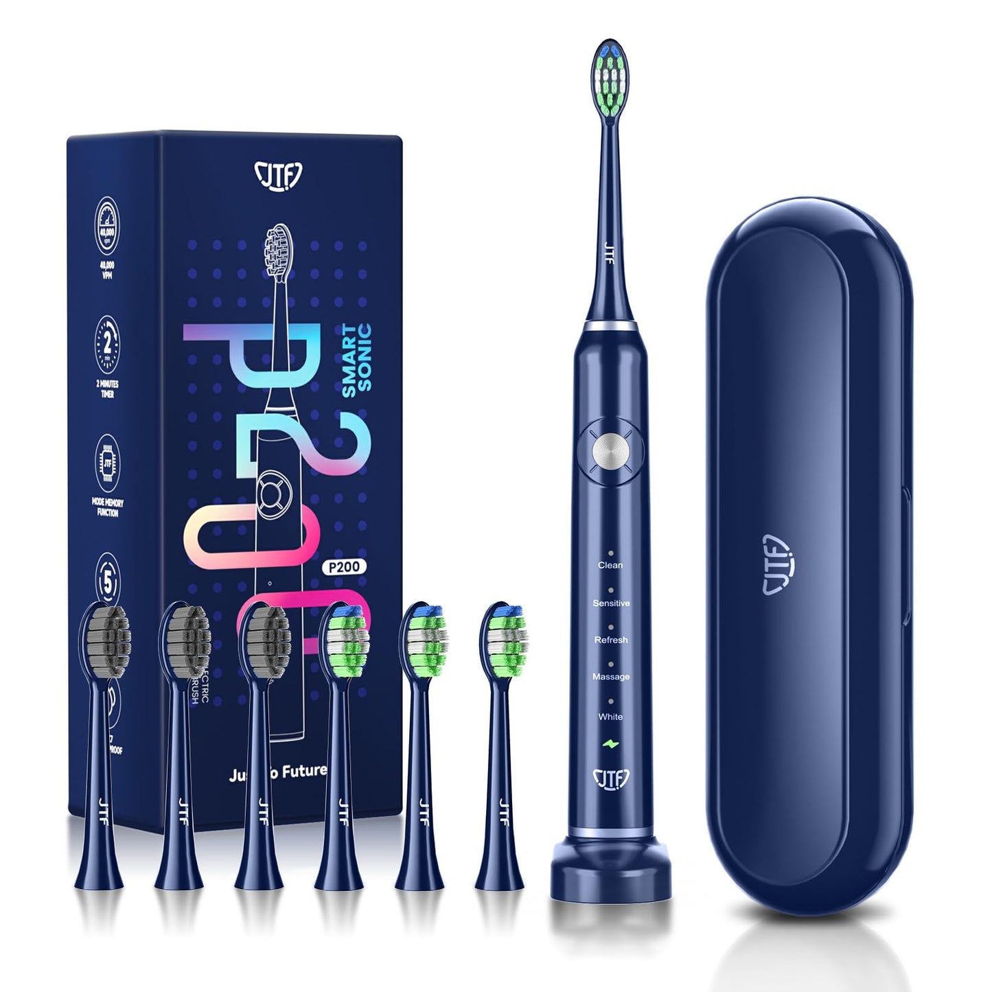 JTF Electric Toothbrushes for Adults, Portable Sonic Toothbrush with 6 Brush Heads & 5 Cleaning Modes, 40000 Vpm & Ipx7 Sonicare Rechargeable Toothbrush with Travel Case & 2 Mins Smart Timer,Navy Blue