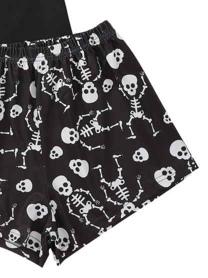 SweatyRocks Women's Cute Graphic Print Short Sleeve Crop Top with Shorts Pajama Set Skull Black L