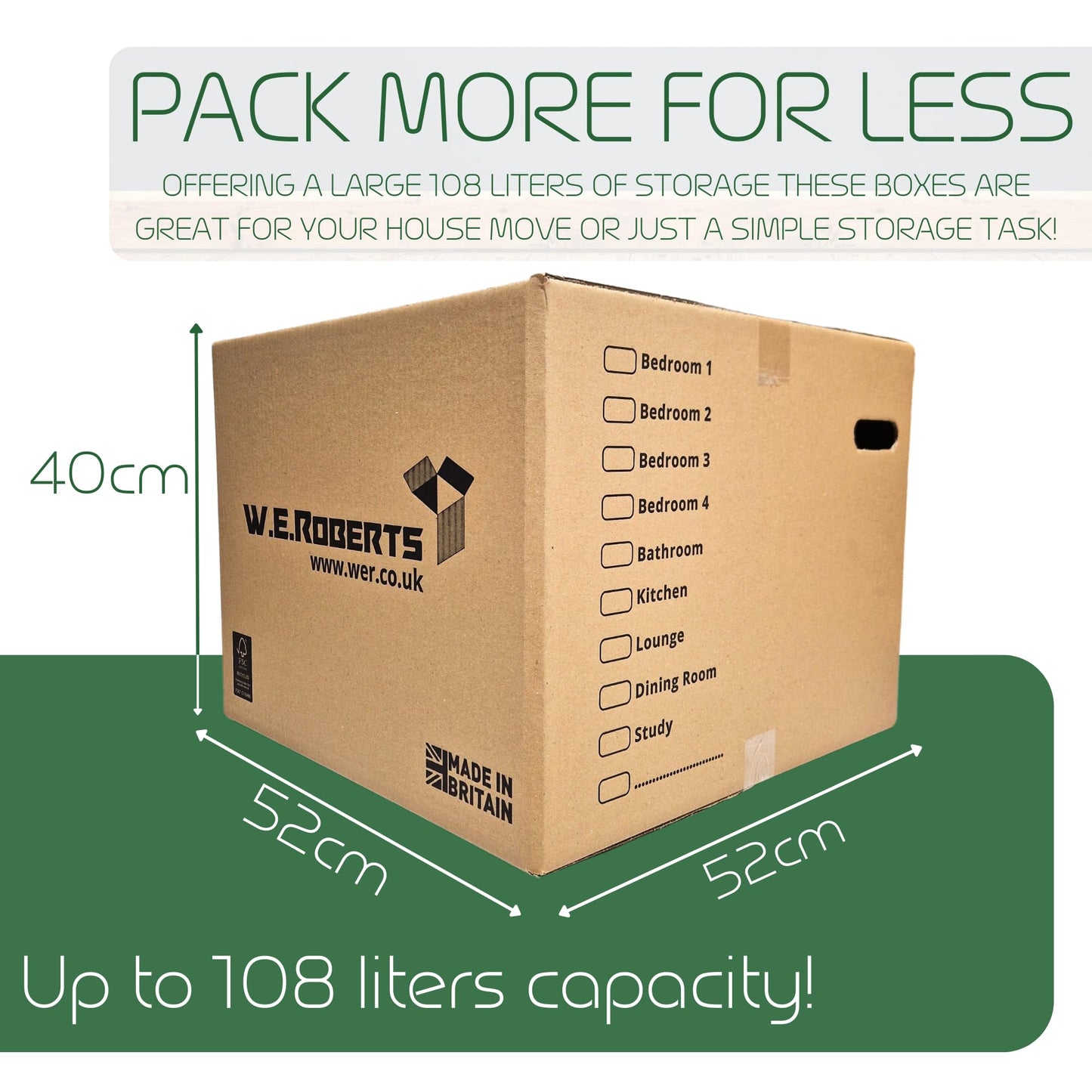 W.E. Roberts 10 Strong Extra Large Cardboard moving Boxes. Packing boxes for moving house with Printed Room List and Carry Handles 52cm x 52cm x 40cm cardboard Boxes
