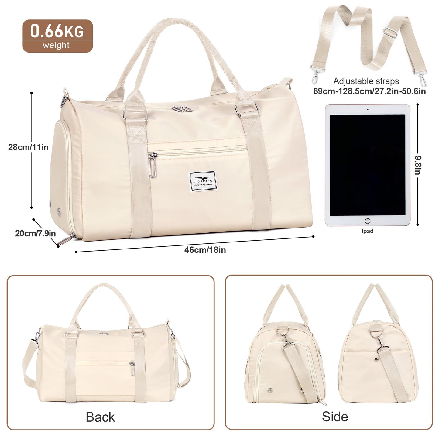FIORETTO Womens Gym Tote Duffle Bag with Wet Pocket & Shoe Compartment, Sports Duffel Overnight Weekender Hospital Workout Carry on Bag for Girls, Ideal for Travel, Swimming, Dance, Ballet Beige