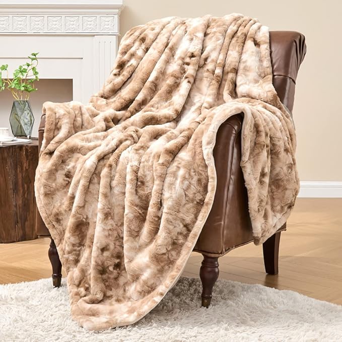 Krifey Faux Fur Throw Blanket, Super Soft Cozy Blanket, Luxury Fluffy Blanket Warm Bed Throw, Plush for Women, Marbled Beige 50" x 60"