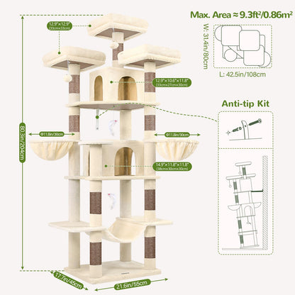 Globlazer Big Cat Tower for Indoor Cats, 80inch Cat Tower for Multiple Adult Cats XXL Cat Tree with Scratching Post, Hammock, 3 Perches, 2 Condos, 2 Hanging Basket, F80, Beige