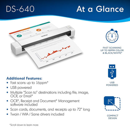 Brother DS-640 Compact Mobile Document Scanner, (Model: DS640) 1.5"x2"x11.9"