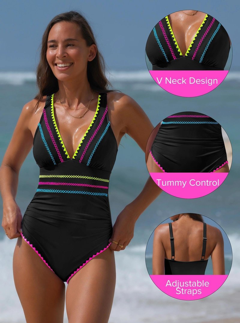 popvil Modest One Piece Swimsuits for Women 2026 Tummy Control Neon Bathing Suit with Adjustable Strap, Black, Large