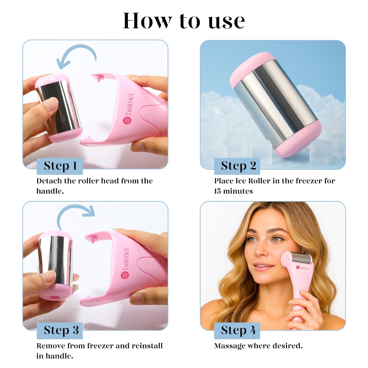 BAIMEI IcyMe Ice Roller for Face and Gua Sha Facial Tool Set, Ice Face Roller Reduces Puffiness Relieves Migraines Skin Care Tools, Self Care Gift for Women - Pink