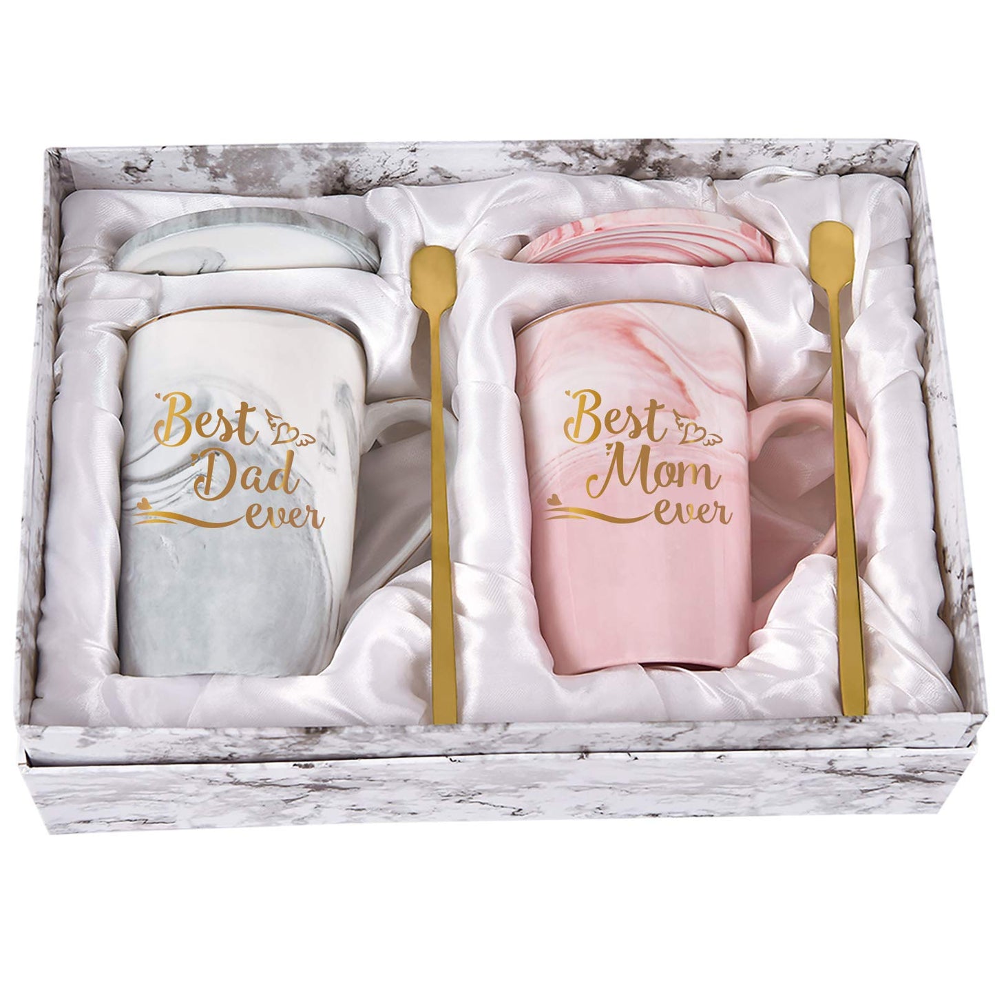 YHRJWN Best Dad and Mom Marble Ever Coffee Mug Set - with Gift Box Coaster Spoon for Christmas Birthday Parent Gift from Daughter Son 14 Oz Each