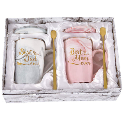 YHRJWN Best Dad and Mom Marble Ever Coffee Mug Set - with Gift Box Coaster Spoon for Christmas Birthday Parent Gift from Daughter Son 14 Oz Each