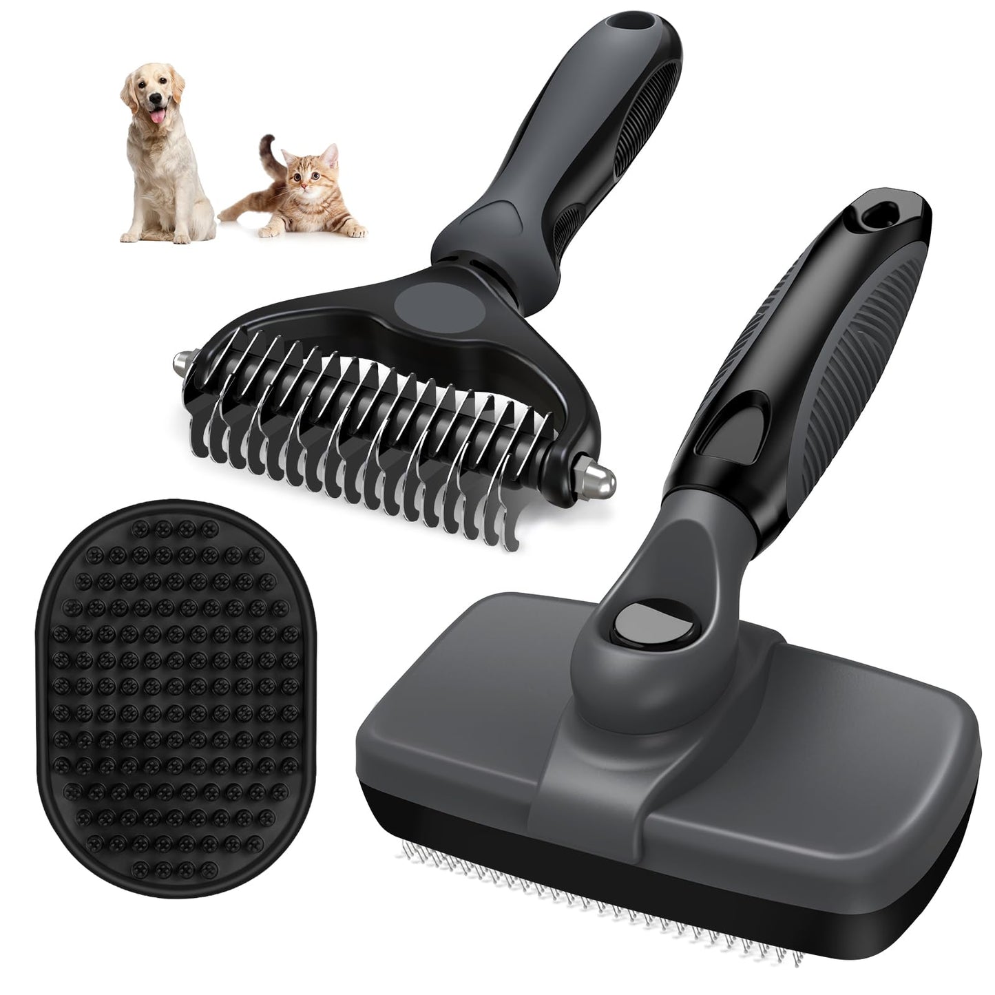 3PCS Self Cleaning Slicker Brush & Pet Grooming Rake & Bath Brush for Dogs and Cats | Double-Sided Dematting Pet Comb & Skin Friendly Deshedding Grooming Tool | Premium Pet Supplies（Gray Black)