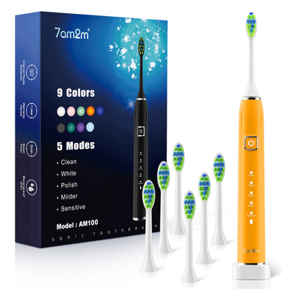 7AM2M Sonic Electric Toothbrush with 6 Brush Heads for Adults&Kids, One Charge for 120 Days, Wireless Fast Charge, 5 Modes, 40000VPM Powered Toothbrush, 2 Minutes Built in Smart Timer (Black)