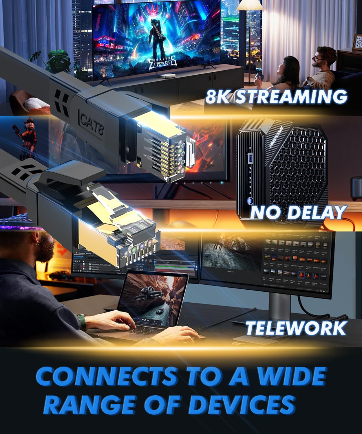 GLCON 3 Pack 2m Ethernet Cable, Cat8 2m/3.5m/5.5m/10m Flat High-Speed 2000MHz 40Gbps STP Shielded LAN/Internet Cable - Durable Black RJ45 Cables for Gaming/4K Streaming