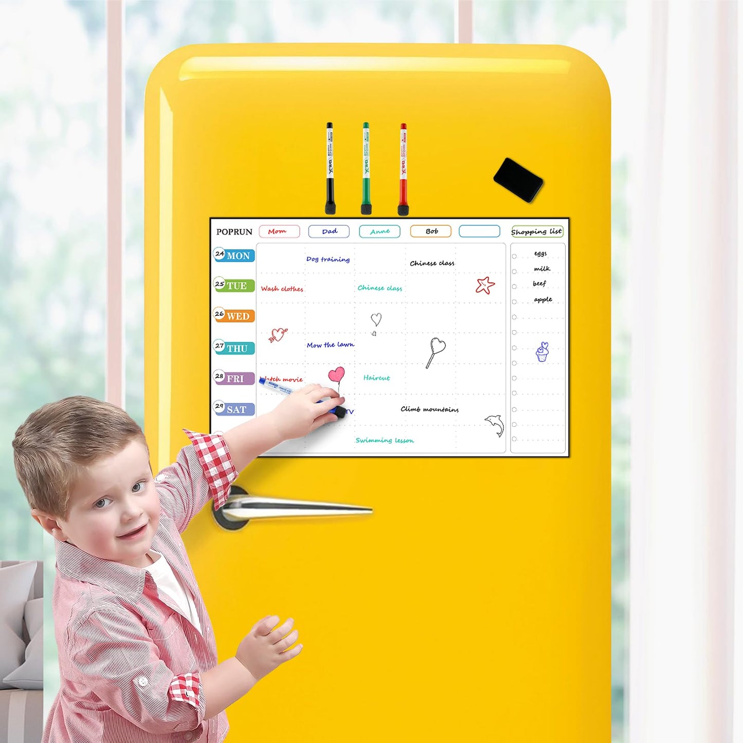 POPRUN Magnetic Weekly Family Planner Whiteboard Calendar for Fridge, A3 Meal Planner Board,Chores Chart for Family and Kids, Fridge Calendar Monday to Sunday, Dry Erase Board for Menu,Memo 43 x 28 cm