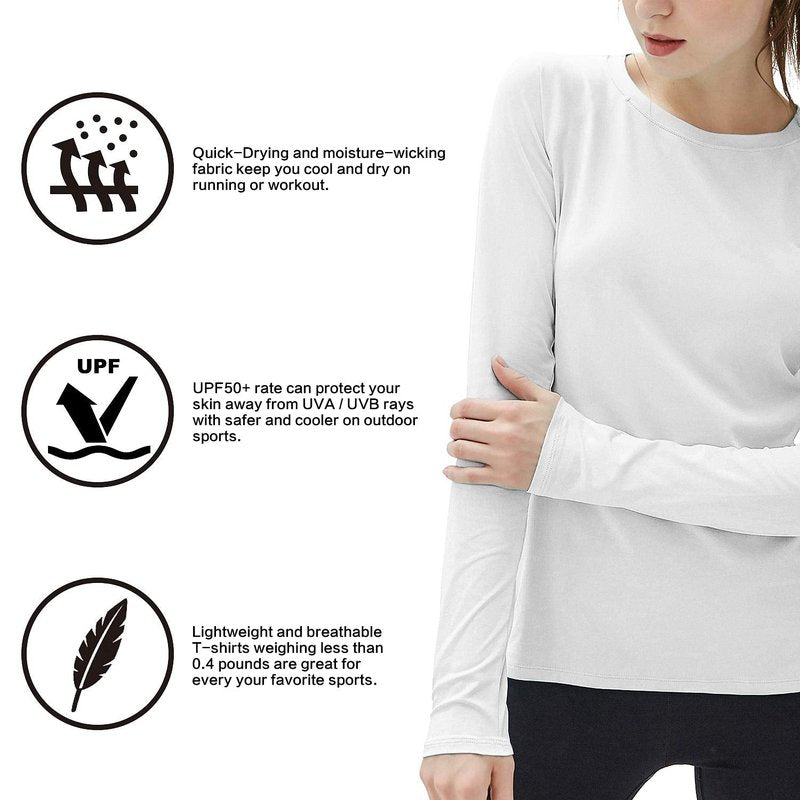 Womens UPF 50+ Long Sleeve Workout Running Shirts Lightweight UV Sun Protection Hiking Tee Tops for Rash Guard Swimming Fishing White
