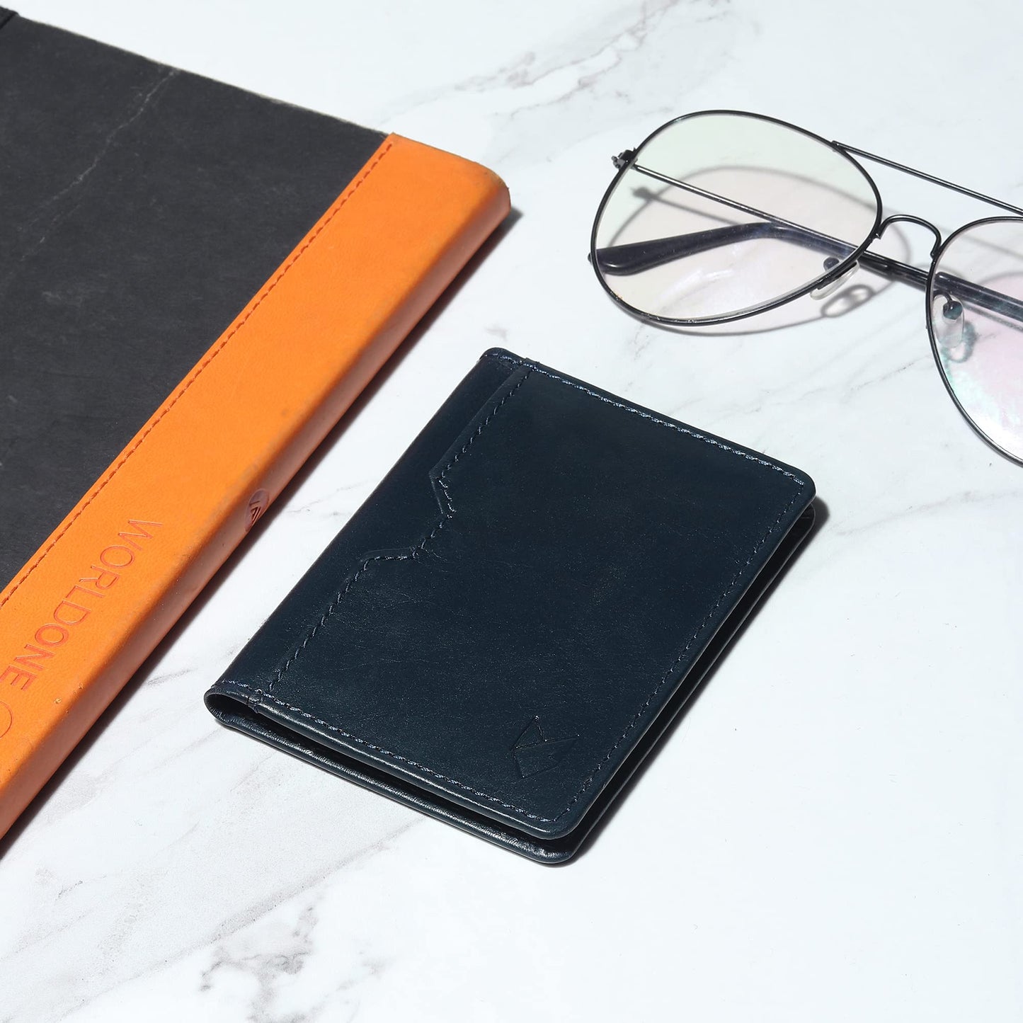 FOXHACKLE Leather Credit Card Holder for Men, Thin Bifold RFID Blocking Wallet, Slim Front Pocket Minimalist Wallet, Small Card Case (Blue Tan)