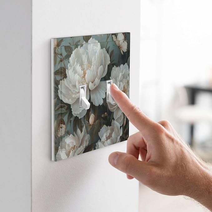 Decorative Art Light Switch Covers Butterflies & Peonies 2 Gang Double Toggle Wall Plate Decorative Switchcover Electrical Switchplate for Home Decor