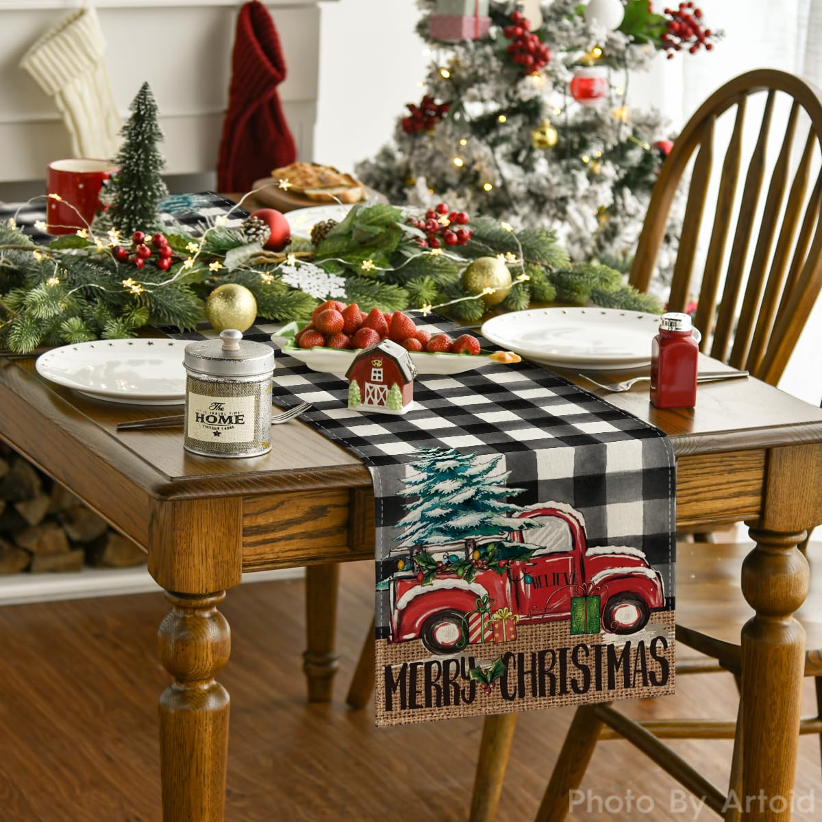 Artoid Mode Buffalo Plaid Merry Christmas Tree Table Runner, Seasonal Truck Gifts Kitchen Dining Table Decoration for Outdoor Home Party 13x72 Inch