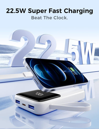 Power Bank, 15000mAh Portable Charger with Built in Cable, 22.5W Fast Charging, 6 Outputs, Slim Travel Essential Battery Pack with LED Display, Compatible with iPhone 17/16/15/14/13, Samsung, iPad