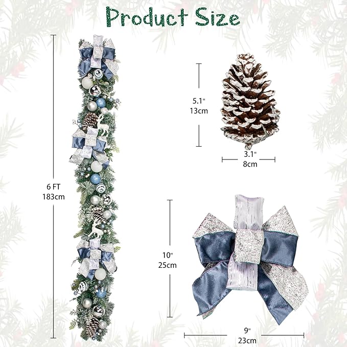 Christmas Garland for Front Door, 6 Foot Artificial Unlit Winter Garland with Pine Cones, Berry Clusters, Blue Ball Ornaments and Ribbons for Thanksgiving Holiday Christmas Decoration