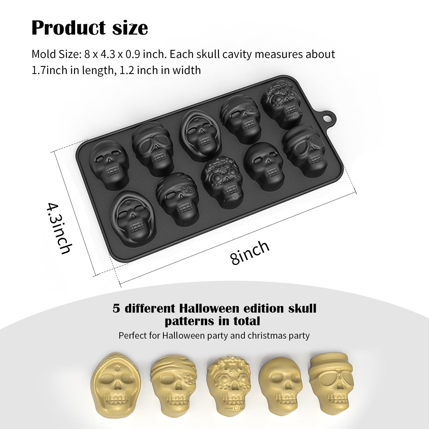 10-Cavity 3D Skull Mold Set,Silicone Ice Cube Mold Maker,for Chilling Whiskey Cocktail Beverages Pudding Chocolate Non-Stick Sugar Mold (3 pcs)