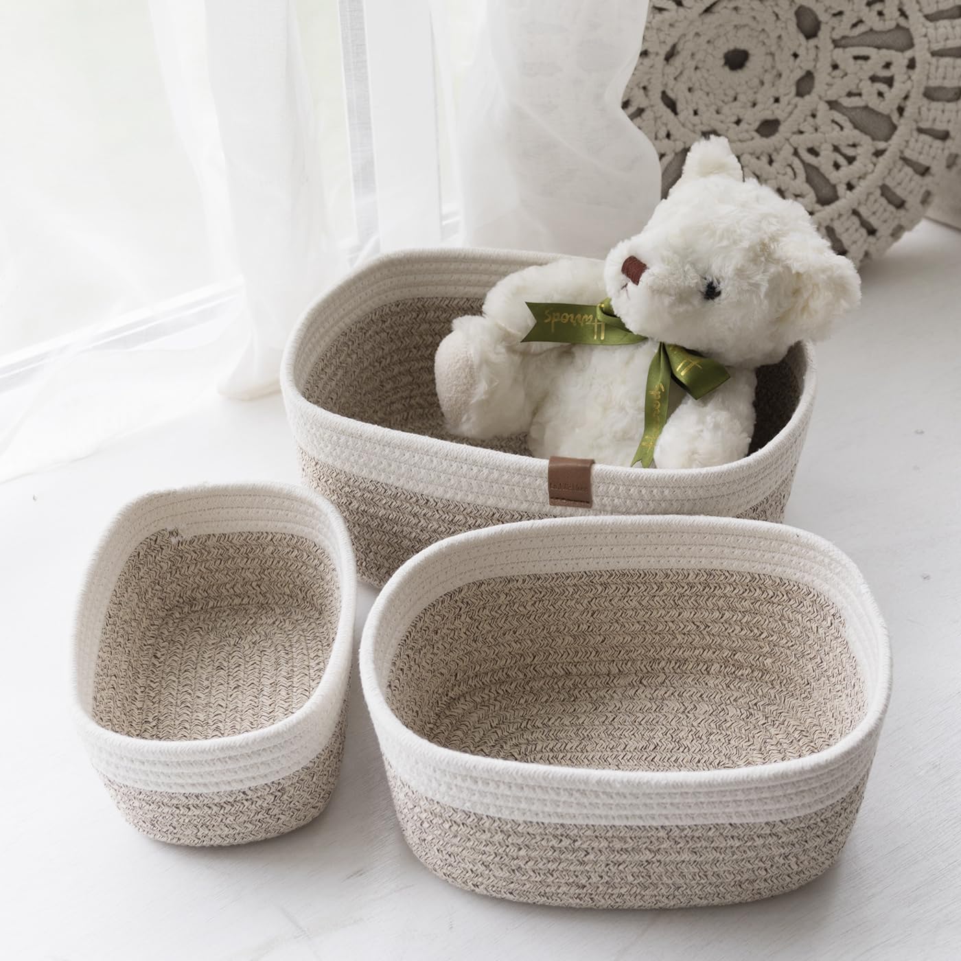 LA JOLIE MUSE Storage Baskets, Cotton Rope Woven Bathroom Storage Basket Set of 3, Small Basket Box Organizer Bins With Handles